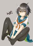  artist_name black_hair black_legwear blonde_hair blue_skirt blush collarbone dated eyebrows_visible_through_hair kavka looking_at_viewer multicolored_hair neckerchief original pantyhose red_neckwear short_hair signature sitting skirt solo yellow_eyes 