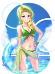  armlet bikini blonde_hair blue_sky braid breasts chain cleavage cloud commentary day dew_gayl fingerless_gloves fishnet_fabric gloves gold_chain green_bikini green_panties iesupa innertube medium_breasts navel panties purple_eyes rwby sarong sky solo sparkle swimsuit underwear wading water wet 