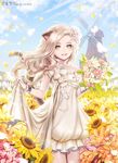  animal_ears blade_&amp;_soul blonde_hair bouquet cat_ears cat_tail day dress field flower flower_field frills hair_flower hair_ornament highres long_hair looking_at_viewer outdoors parted_lips petals ravaniz rose smile solo strapless strapless_dress sunflower tail wavy_hair white_dress white_flower white_rose wind windmill yellow_eyes 