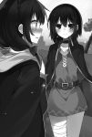  2girls arms_behind_back belt blush braid cape choker collarbone cowboy_shot crown_braid dress greyscale highres hood hood_down hooded kono_subarashii_sekai_ni_shukufuku_wo! megumin mishima_kurone monochrome multiple_girls novel_illustration official_art open_mouth outdoors short_dress short_hair smile standing sweatdrop yunyun_(konosuba) 