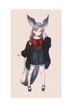  absurdres animal_ear_fluff animal_ears arm_up black_coat blade_&amp;_soul brown_eyes brown_hair coat highres jacket jacket_removed long_hair lyn_(blade_&amp;_soul) mengzi off_shoulder pantyhose red_shirt sandals shirt skirt solo tail white_legwear wolf_ears wolf_tail 