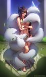  ahri_(lol) animal_humanoid black_hair canine convenient_censorship covering covering_breasts detailed_background facial_markings female feversea_(artist) fox fox_humanoid hair half-closed_eyes humanoid leaf league_of_legends long_hair mammal markings multi_tail nude polkin riot_games solo standing tail_censorship video_games yellow_eyes 