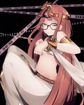  armlet bangs bare_shoulders caution_tape egyptian_clothes glasses highres jewelry leo_(mewibos) long_hair md5_mismatch navel orange_hair persona persona_5 sakura_futaba shadow_(persona) shadow_futaba solo yellow_eyes 