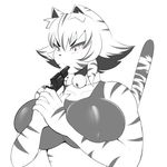  anthro bell big_breasts blush breasts clothed clothing collar feline female fur gun gun_in_mouth hair hi_res holding_object holding_weapon mammal monochrome ranged_weapon saffron_(safurantora) safurantora simple_background solo stripes tiger tight_clothing weapon white_background 