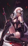  absurdres bangs black_dress black_gloves black_legwear breasts cleavage closed_mouth commentary dress elbow_gloves fate/grand_order fate_(series) faulds fur_trim gloves greaves grey_hair hand_up headpiece highres jeanne_d'arc_(alter)_(fate) jeanne_d'arc_(fate)_(all) large_breasts legs loading_(vkjim0610) long_hair looking_at_viewer petals planted_sword planted_weapon revision sitting solo sword thighhighs thighs vambraces very_long_hair weapon yellow_eyes 