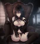  aeus antenna_hair artist_name bangs black_hair blue_eyes blush breasts chair clitoris detached_sleeves gloves highres hymen indoors knee_up large_breasts long_hair looking_at_viewer navel neck_ribbon nipples open_clothes open_shirt original panties panties_aside pussy ribbon shirt sitting solo spread_legs spread_pussy thighhighs uncensored underwear urethra virgin window 