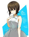  bangs brown_eyes brown_hair casual closed_mouth collared_dress comiket_90 commentary_request cowboy_shot dated dress girls_und_panzer light_smile looking_at_viewer medium_dress nishizumi_maho saikawa_yusa short_hair sleeveless sleeveless_dress solo standing translation_request white_dress 