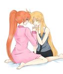  2girls bed blonde_hair blue_eyes couple eyes_closed fate_testarossa finger happy long_hair looking_at_another lyrical_nanoha mahou_shoujo_lyrical_nanoha mahou_shoujo_lyrical_nanoha_strikers orange_hair riia side_ponytail simple_background sitting smile sucking takamachi_nanoha very_long_hair yuri 