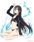  absurdres bikini black_bikini black_eyes black_hair black_jacket commentary_request genderswap genderswap_(mtf) highres hood hooded_jacket hoodie jacket kirito kirito_(sao-ggo) kneeling long_hair side-tie_bikini sitting solo swimsuit sword_art_online water yamei yokozuwari 