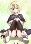 bad_id bad_pixiv_id black_legwear blonde_hair blue_eyes blush breasts eyebrows_visible_through_hair fate/apocrypha fate/grand_order fate_(series) headpiece highres jeanne_d'arc_(fate) jeanne_d'arc_(fate)_(all) large_breasts looking_at_viewer nanakusa_amane parted_lips short_hair sitting solo thighhighs 