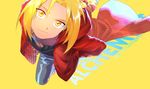  artist_name bad_id bad_pixiv_id black_shirt blonde_hair braid coat edward_elric fullmetal_alchemist highres holy_pumpkin long_hair looking_at_viewer looking_up male_focus multicolored multicolored_clothes pants red_coat shirt smile solo text_focus twitter_username yellow_background yellow_eyes 