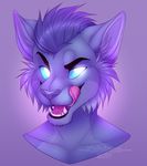  2017 azur blue_fur blue_hair blue_nose blue_sclera cat cheek_tuft cool_colors digital_media_(artwork) eyebrows fangs feline front_view fur glowing glowing_eyes hair headshot_portrait inner_ear_fluff kalvince licking licking_lips looking_at_viewer male mammal open_mouth pink_tongue portrait purple_background raised_eyebrow signature simple_background smile smirk snout solo teeth tongue tongue_out tuft white_eyes 