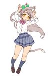  animal_ears bangs bow bowtie bunny_pose cat_ears cat_tail clenched_hands collared_shirt green_bow grey_hair hair_bow kemonomimi_mode kneehighs loafers long_hair long_sleeves looking_at_viewer love_live! love_live!_school_idol_project minami_kotori navy_blue_legwear one_side_up otonokizaka_school_uniform paw_pose red_bow red_neckwear school_uniform shinanoya_(satanicad) shirt shoes simple_background skirt sleeves_folded_up smile solo striped striped_bow striped_neckwear tail white_background white_shirt yellow_eyes 