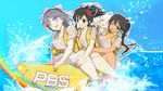  4girls :d ^_^ ahoge aqua_background arm_up arms_around_waist asuka_(senran_kagura) banana_boat bangs bikini bikini_under_clothes black_hair blue_background blue_eyes blush bow breasts bright_pupils cleavage closed_eyes company_name copyright_name dated floating_hair flower from_side gradient gradient_background green_eyes grey_hair groin hair_bow hair_flower hair_ornament hair_ribbon halftone halftone_background happy hibiscus high_ponytail highres homura_(senran_kagura) inflatable_toy large_breasts leaning_forward life_vest lineup long_hair long_ponytail looking_at_viewer miyabi_(senran_kagura) multiple_girls multiple_riders navel official_art one_eye_closed open_clothes open_mouth open_vest outline parted_bangs rainbow red_flower ribbon riding see-through senran_kagura senran_kagura_peach_beach_splash shirt short_ponytail short_sleeves sidelocks sitting smile splashing spread_legs straddling string_bikini swimsuit t-shirt tan tanline taut_clothes thigh_grab thighs torso_grab vest wallpaper water water_drop wet wet_clothes wet_shirt white_bikini white_bow white_hair white_outline white_ribbon white_shirt yaegashi_nan yellow_eyes yumi_(senran_kagura) 