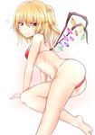  ass bad_id bad_pixiv_id bare_shoulders bikini blonde_hair breasts flandre_scarlet hair_between_eyes heart highres long_hair navel one_side_up red_bikini red_eyes simple_background small_breasts smile solo string_bikini swimsuit touhou white_background wings yuki_(snowmaiden) 