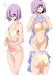  ass bangs black-framed_eyewear blue_dress bow bow_bra bow_panties bra checkered checkered_dress commentary_request date_(senpen) dated dress dress_lift fate/grand_order fate_(series) fingers_together glasses highres mash_kyrielight multiple_views panties purple_eyes purple_hair short_dress short_hair simple_background sketch standing thigh_gap underwear underwear_only white_background yellow_bra yellow_panties 