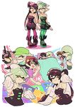  2girls ankle_boots aori_(splatoon) baseball_cap beanie bed_sheet black_dress black_footwear black_hair black_kimono blue_shirt boots brown_eyes casual character_name closed_eyes closed_mouth comic cousins cropped_torso detached_collar domino_mask dress earrings face_mask fangs food food_on_head glasses green_legwear grey_hair hat hero_shot_(splatoon) holding_hands hotaru_(splatoon) japanese_clothes jewelry kimono long_hair mask multiple_girls object_on_head one_eye_closed open_mouth pantyhose purple_kimono purple_legwear purple_shirt sandals shirt short_dress short_hair short_jumpsuit silent_comic sitting sleeping smile splatoon_(series) squidbeak_splatoon standing standing_on_one_leg star_hat_ornament striped striped_shirt sunglasses tentacle_hair wong_ying_chee wrist_cuffs younger 