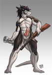  aircraft airplane anthro barb black_fur black_hair blue_eyes clothing discordnight dumbbell fur gun hair hi_res jet knot male military multicolored_fur penis ranged_weapon sergal shinjody soldier solo toga visor weapon weights white_fur 