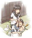  =_= black_hair black_sailor_collar blue_sailor_collar canister closed_eyes commentary cushion drooling dual_persona ear_cleaning fubuki_(kantai_collection) green_eyes kantai_collection karasu_(naoshow357) lap_pillow low_ponytail lying mimikaki multiple_girls neckerchief on_side pleated_skirt ponytail remodel_(kantai_collection) sailor_collar saliva school_uniform serafuku short_ponytail skirt tatami tissue_box torogao 