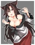  animal_ears bare_shoulders breasts brooch brown_hair cleavage collarbone dress grey_background highres imaizumi_kagerou jewelry kz_oji large_breasts long_hair long_sleeves open_mouth red_eyes solo touhou two-tone_background very_long_hair white_background wolf_ears 