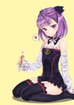  bare_shoulders black_legwear blush detached_sleeves fate/grand_order fate_(series) flat_chest heart helena_blavatsky_(fate/grand_order) highres looking_at_viewer matsuryuu purple_eyes purple_hair seiza simple_background sitting smile solo spoken_heart thighhighs white_sleeves yellow_background 