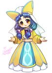  bangs belt blue_hair brown_eyes colored_eyelashes demerin dragon_quest dragon_quest_vii dress fosse_(dq7) full_body hat highres long_hair looking_at_viewer parted_bangs robe signature smile solo standing twintails veil white_background yellow_dress 