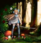  alice_(wonderland) alice_in_wonderland arm_at_side bad_id bad_pixiv_id bangs blonde_hair blue_bow blue_eyes blue_legwear blue_neckwear blurry blurry_background bow bowtie center_frills closed_mouth commentary_request day dress flower frilled_dress frills full_body giant_mushroom grass hair_between_eyes hair_bow highres holding holding_sword holding_weapon legs_apart light_rays long_hair looking_at_viewer mismatched_legwear mushroom nature ootachi original outdoors red_flower red_footwear red_rose rose rose_bush serious shoes short_dress sleeveless sleeveless_dress solo standing straight_hair striped striped_legwear sword thighhighs tree tsurime very_long_hair weapon white_dress white_flower white_rose wind yuitanpo 