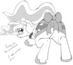  2017 blush cutie_mark english_text equine feathered_wings feathers female feral food friendship_is_magic greyscale hair horn looking_at_viewer looking_back mammal mcsweezy monochrome my_little_pony presenting princess_luna_(mlp) simple_background solo text white_background winged_unicorn wings 