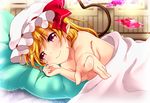  blonde_hair blush flandre_scarlet foreshortening hat hat_ribbon lying mob_cap naked_sheet on_side pillow pointing pointy_ears red_eyes red_ribbon ribbon rimu_(kingyo_origin) smile solo touhou under_covers wings 