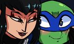  2017 anthro bandanna blue_eyes blush clothed clothing duo female half-closed_eyes human inkyfrog karai leonardo_(tmnt) lipstick makeup male mammal mask reptile scalie smile teenage_mutant_ninja_turtles turtle 