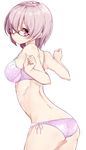  absurdres ass bare_arms bare_shoulders blush bra cowboy_shot fate/grand_order fate_(series) floral_print from_behind glasses hair_over_one_eye highres kengorou_saemon_ii_sei leaning_forward looking_at_viewer looking_back mash_kyrielight navel panties pink_bra pink_hair pink_panties purple_eyes red-framed_eyewear short_hair side-tie_panties simple_background solo stomach strap_gap thighs underwear underwear_only white_background 