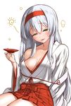  blush bow_(weapon) breasts brown_eyes commentary_request cup drunk hairband hakama_skirt half-closed_eyes highres holding japanese_clothes kantai_collection long_hair medium_breasts open_clothes open_shirt parted_lips red_hairband sabaku_chitai sakazuki shirt shoukaku_(kantai_collection) silver_hair sitting skirt solo weapon 