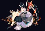  androgynous anklet barefoot black_background ensei flower full_body hat jewelry kurodouji long_hair looking_at_viewer low-tied_long_hair male_focus onmyoji scythe silver_hair solo tate_eboshi very_long_hair wide_sleeves yellow_eyes 