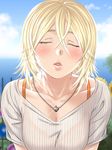  allison_(summer_lesson) black_bra blonde_hair blush bra breasts cleavage closed_eyes facing_viewer highres incoming_kiss jewelry long_hair necklace parted_lips see-through short_hair small_breasts solo summer_lesson taka-michi underwear 