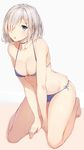  :o bare_shoulders between_legs bikini blue_bikini blue_eyes breasts choker cleavage collarbone glint groin hair_ornament hair_over_one_eye hairclip hamakaze_(kantai_collection) highres kantai_collection kneeling looking_at_viewer md5_mismatch medium_breasts nail_polish navel open_mouth rikoma shiny shiny_skin short_hair side-tie_bikini silver_hair simple_background solo swimsuit 