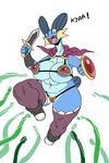 anthro areola armor big_breasts blue_eyes breasts cape clothed clothing dialogue english_text female hi_res huge_breasts jijis-waifus melee_weapon nintendo oh-jiji open_mouth pok&eacute;mon pok&eacute;morph shield skimpy slightly_chubby solo swampert sword text unconvincing_armor video_games vines weapon yelling 