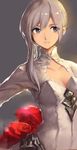  cleavage_cutout collarbone faux_traditional_media flower frown highres hoojiro long_hair looking_to_the_side rose signature silver_eyes silver_hair simple_background sinoalice sketch snow_white_(sinoalice) solo upper_body 