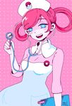  1girl artist_name blue_eyes clipboard dress hair_rings hat joy_(pokemon) nail_polish nurse_cap omocat open_mouth pink_background pink_hair pink_nails pokemon pokemon_(anime) signature smile solo stethoscope 