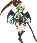  ass_visible_through_thighs blue_eyes boots breasts demon_girl demon_horns demon_tail demon_wings ferris_(rance) forehead_jewel full_body green_hair holding holding_weapon horns long_hair looking_at_viewer official_art pointy_ears rance_(series) rance_03_leazas_kanraku scythe shunin small_breasts solo tail transparent_background weapon wings 