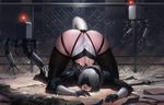  absurdres anal anal_object_insertion anal_tail ass bad_proportions blindfold boots butt_plug fake_tail fence gloves high_heel_boots high_heels highres leotard leshin lips nier_(series) nier_automata object_insertion pod_(nier_automata) robot silver_hair skin_tight skindentation tail thighhighs top-down_bottom-up wide_hips yorha_no._2_type_b 