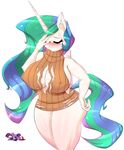  2017 anthro anthrofied big_breasts blood blush breasts cleavage clothed clothing deusexequus equine friendship_is_magic horn lying mammal my_little_pony nipple_bulge nosebleed princess_celestia_(mlp) sweater torn_clothing twilight_sparkle_(mlp) virgin_killer_sweater wardrobe_malfunction winged_unicorn wings 