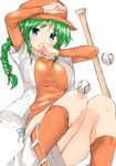  arm_up bangs baseball baseball_bat baseball_cap belt blue_eyes blue_panties blush braid breasts buttons commentary_request covered_mouth eyebrows_visible_through_hair golgi_hon green_hair hand_up hat hayakawa_aoi highres jikkyou_powerful_pro_yakyuu kneehighs knees_together_feet_apart large_breasts long_hair long_sleeves looking_at_viewer orange_hat orange_legwear panties pantyshot shirt short_over_long_sleeves short_sleeves side-tie_panties sidelocks simple_background single_braid solo sweat taut_clothes unbuttoned underwear white_background white_shirt 