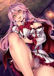  ascot breasts cape character_request cleavage dress green_eyes highres kaifuku_jutsushi_no_yarinaoshi_~sokushi_mahou_to_skill_copy_no_chouetsu_heal~ large_breasts long_hair long_sleeves open_mouth panties pink_hair shiokonbu solo underwear 