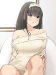  :&lt; black_hair blue_eyes blush bottomless breasts chair collarbone commentary_request covered_nipples eyebrows_visible_through_hair foreshortening hairband highres idolmaster idolmaster_cinderella_girls knees large_breasts long_hair long_sleeves looking_at_viewer off-shoulder_sweater ribbed_sweater sagisawa_fumika senju_(snz0) sweater 