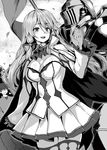  armor ascot breasts cape character_request cleavage dress flag greyscale highres kaifuku_jutsushi_no_yarinaoshi_~sokushi_mahou_to_skill_copy_no_chouetsu_heal~ knight large_breasts long_hair long_sleeves monochrome shiokonbu thighhighs 