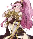  1girl blush braid breasts bridal_gauntlets fan fire_emblem fire_emblem:_kakusei fire_emblem_heroes hairband heart holding holding_fan ippers large_breasts long_hair midriff nintendo olivia_(fire_emblem) pink_eyes pink_hair ponytail revealing_clothes simple_background solo twin_braids underboob white_background 