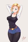  android_18 aori_sora armpits arms_behind_head arms_up belt black_legwear blonde_hair blue_eyes breasts denim denim_skirt dragon_ball dragon_ball_z earrings food food_in_mouth highres jewelry looking_at_viewer medium_breasts miniskirt mouth_hold pantyhose popsicle short_hair signature skirt solo tank_top thigh_gap 