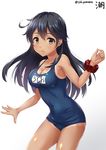  :o ahoge alternate_costume artist_name bare_arms bare_shoulders black_hair blue_swimsuit blush breasts brown_eyes cleavage collarbone commentary_request covered_navel cowboy_shot dark_skin kantai_collection long_hair looking_at_viewer medium_breasts name_tag one-piece_swimsuit one-piece_tan open_mouth sakiyamama school_swimsuit scrunchie shiny shiny_skin simple_background solo standing swimsuit tan tanline ushio_(kantai_collection) white_background wrist_scrunchie 