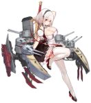  1girl artist_request azur_lane bangs bilingual black_footwear blush breasts cannon character_name choker cleavage cleavage_cutout collarbone commentary dress expressions full_body hairband high_heels holding holding_sword holding_weapon lace-trimmed_hairband large_breasts leg_up looking_at_viewer mary_janes official_art red_eyes ribbon rigging shoes short_hair sidelocks sirius_(azur_lane) smile solo standing standing_on_one_leg sword thighhighs turret weapon white_hair white_legwear 