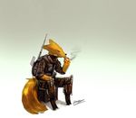  2017 anthro armor backpack bandage bionic_leg body_armor canine cigarette clothed clothing fox gradient_background male mammal panzery25 signature simple_background sitting smoking solo 